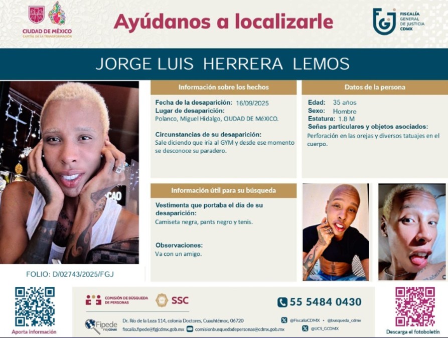 Según la ficha de búsqueda, Jorge Herrera llevaba una camiseta, pants y tenis en color negro.
