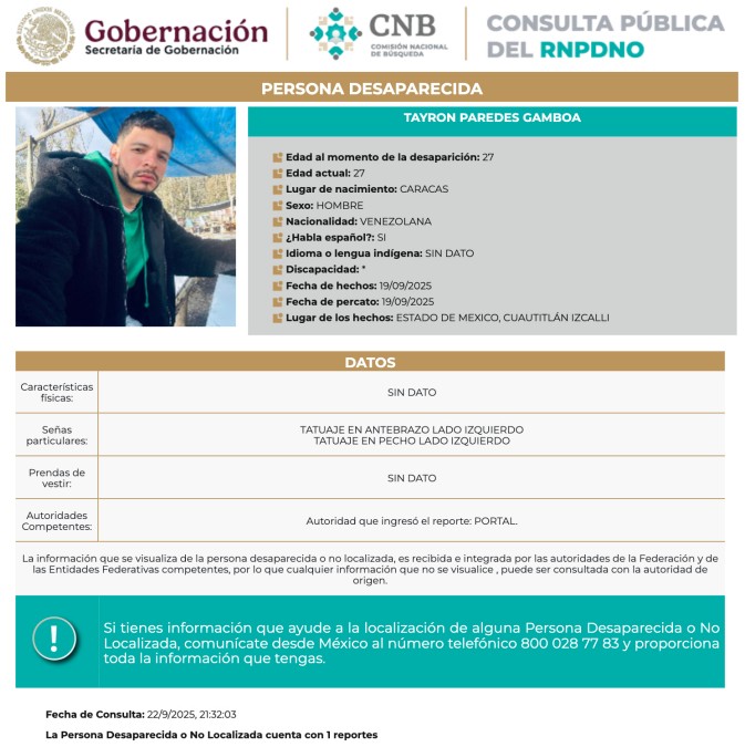 Según la ficha de búsqueda, Tayron Paredes Gamboa desapareció en el Estado de México, tras ir a hacer una entrega.