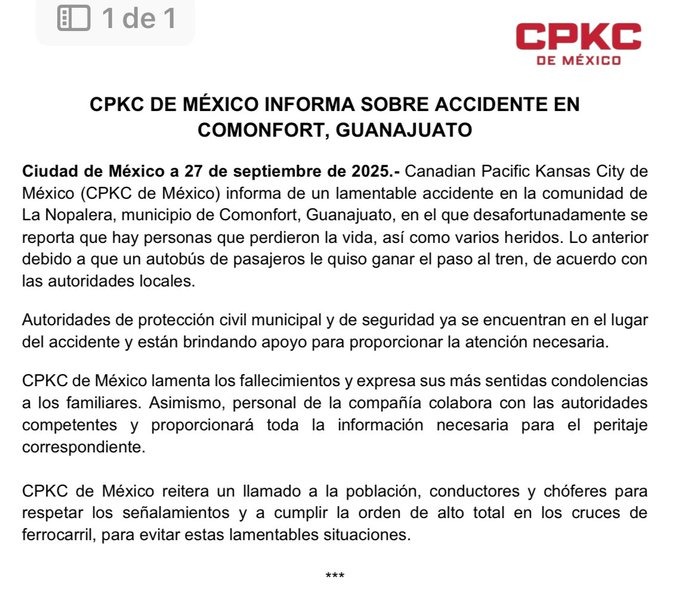 A través de un comunicado Candian Pacific Kansas City de México lamentó el fatal accidente.