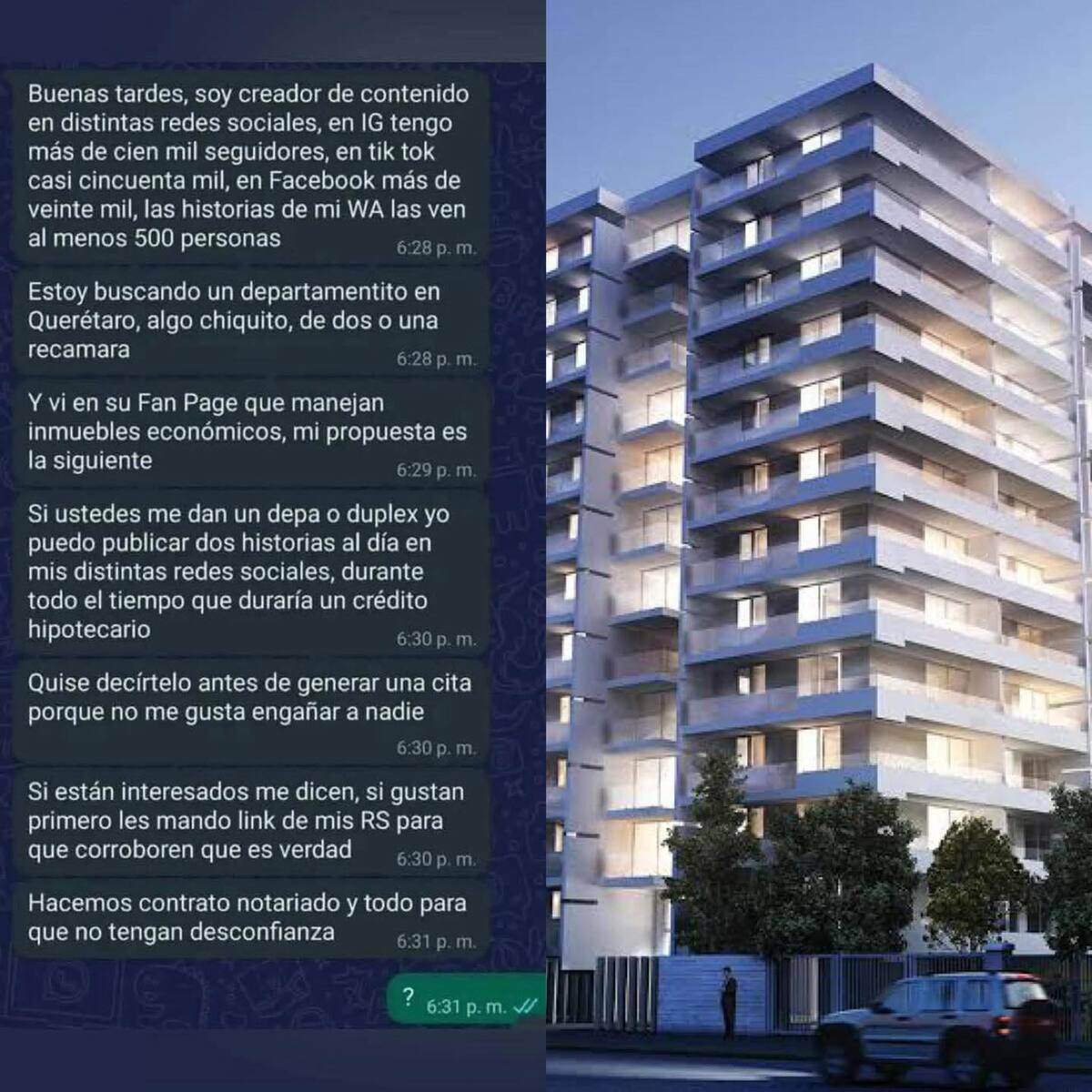 Un tiktoker intentó conseguir un departamento de lujo en el municipio de Querétaro a cambio de publicar historias en sus redes sociales.