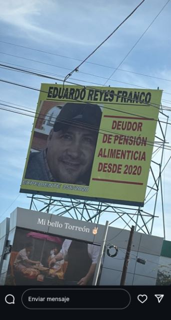 Espectacular en Torreón exhibe a deudor de pensión alimenticia desde 2020