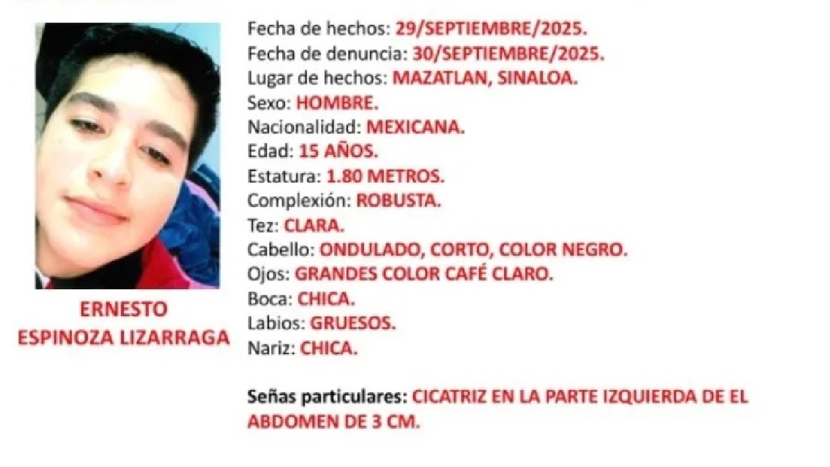 La Fiscalía General del Estado (FGE) de Sinaloa ha emitido y activado la Alerta Amber para localizar a Ernesto Espinoza Lizárraga, un adolescente de 15 años.