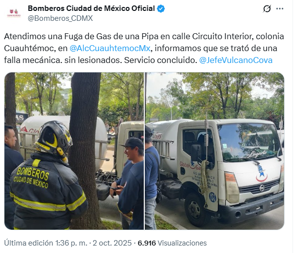 Bomberos atendieron la fuga de gas de una pipa en Circuito Interior