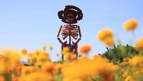 una escultura de una catrina monumental en un campo de cempasúchil