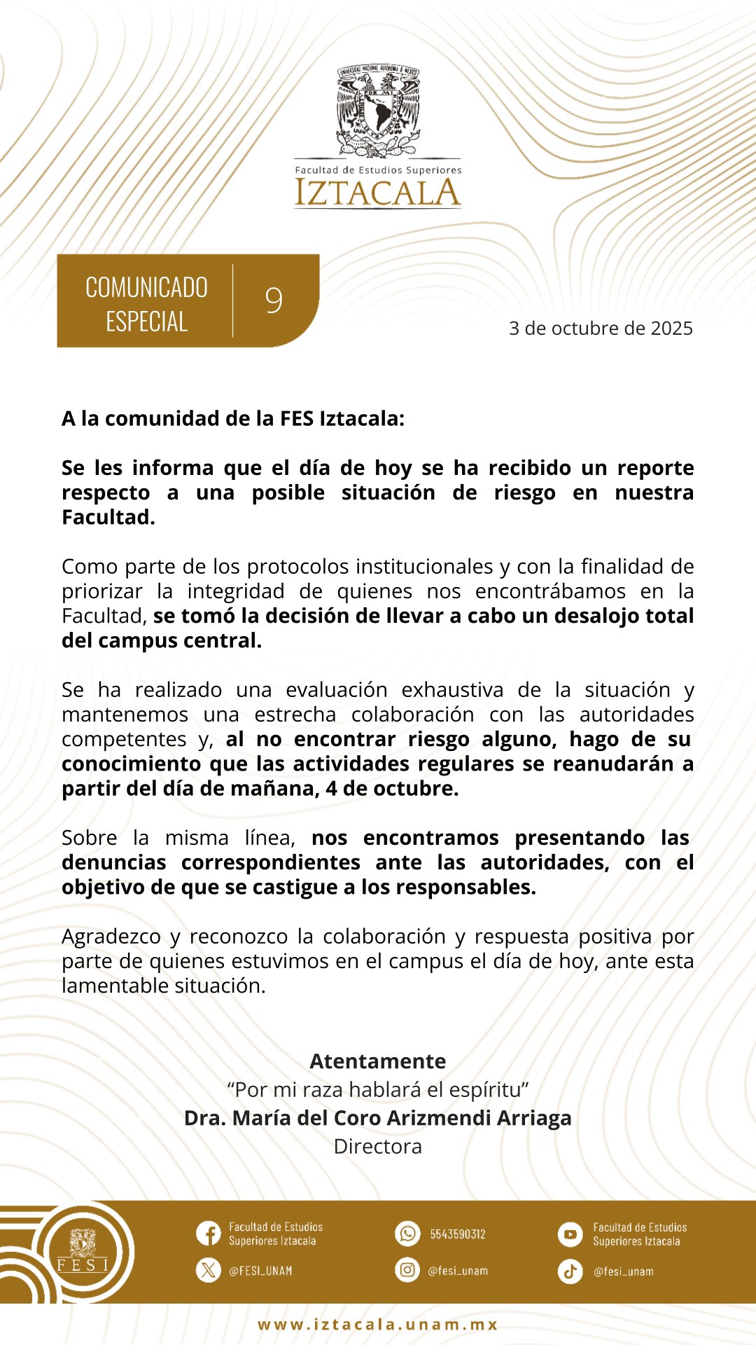 La FES Iztacala emitió un comunicado sobre la emergencia