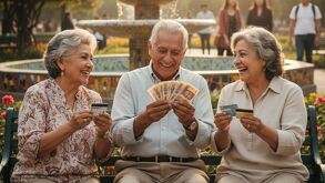 adultos de la tercera edad sentados en un parque con billetes en las manos