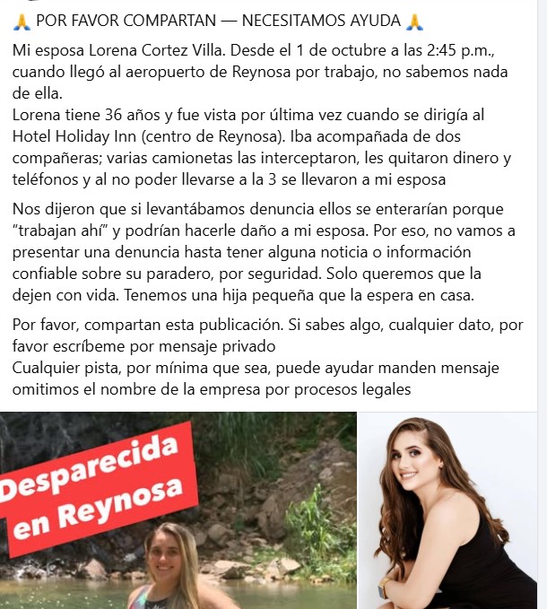 Regia desaparecida en Reynosa