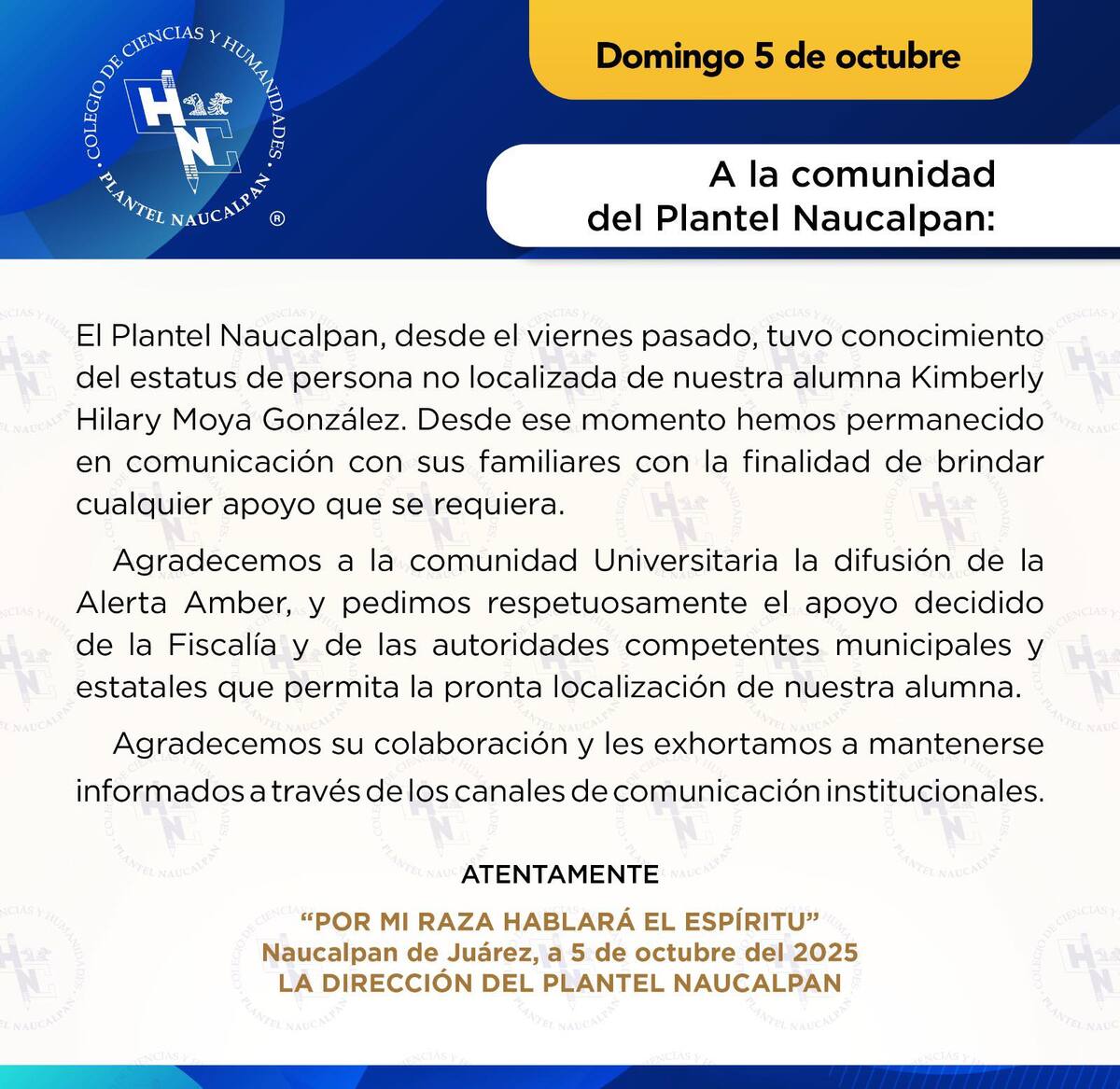 El CCH Naucalpan emitió un comunicado sobre la colaboración en la búsqueda de Kimberly Hilary