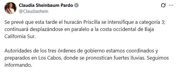 Claudia Sheinbaum huracán Priscilla