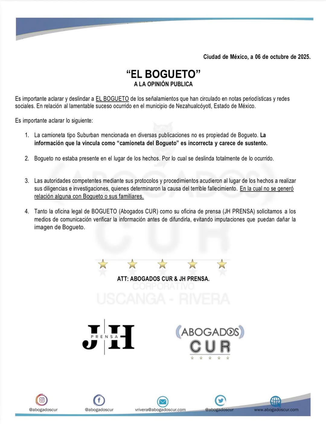 Comunicado de prensa por caso de El Bogueto