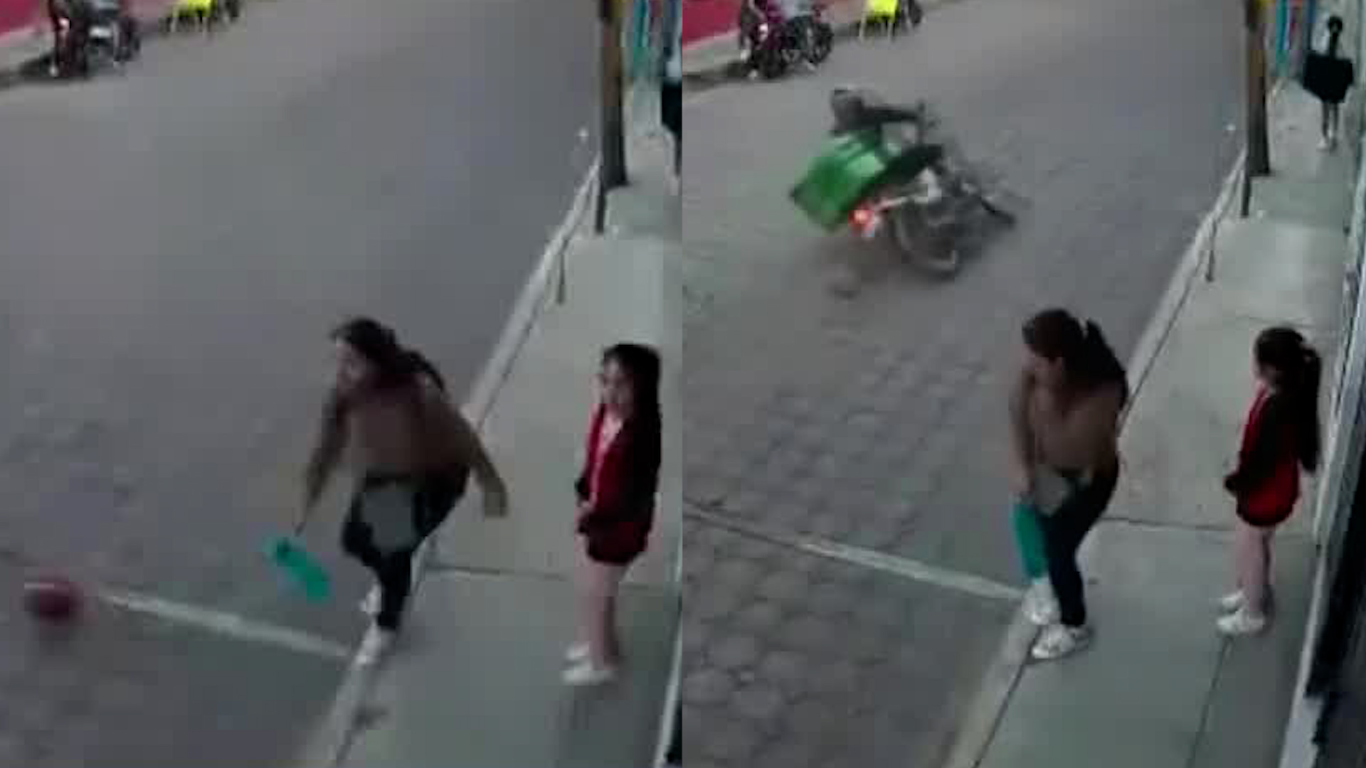 Un video de seguridad muestra el momento en que el motociclista derrapa sobre la vialidad en consecuencia del balón.