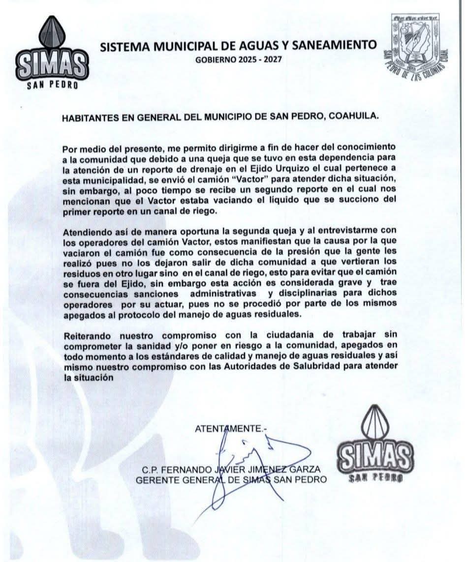 La gestión del Simas Municipal emitirá sanciones a trabajadores que arrojaron de forma indebida aguas residuales en un canal de riego en San Pedro. La gestión del Simas Municipal emitirá sanciones a trabajadores que arrojaron de forma indebida aguas residuales en un canal de riego en San Pedro.