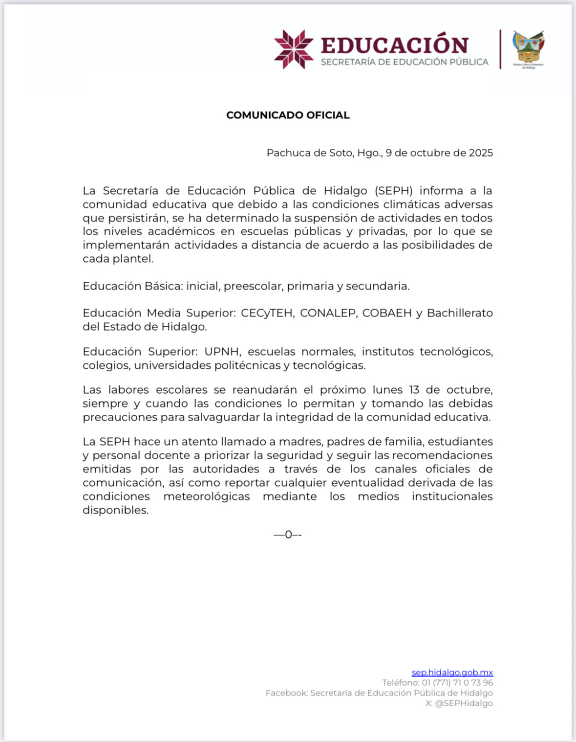 Suspenden clases por fuertes lluvias en Hidalgo para el viernes 10 de octubre del 2025. Suspenden clases por fuertes lluvias en Hidalgo para el viernes 10 de octubre del 2025.