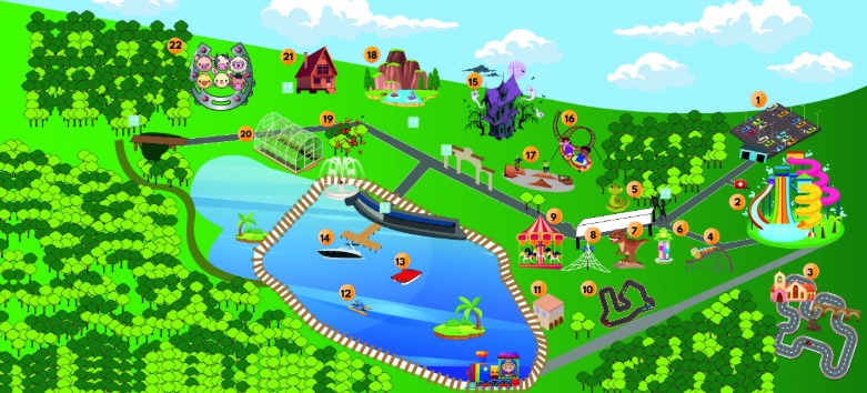 Mapa de atracciones del Parque Bicentenario en Querétaro.