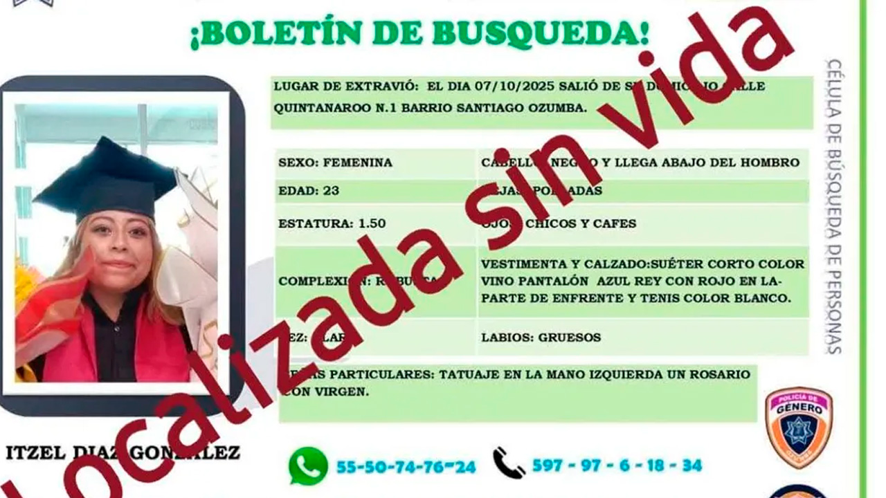 Itzel Díaz González, joven de 23 años desaparecida desde el 7 de octubre, fue localizada sin vida dentro de una cisterna.