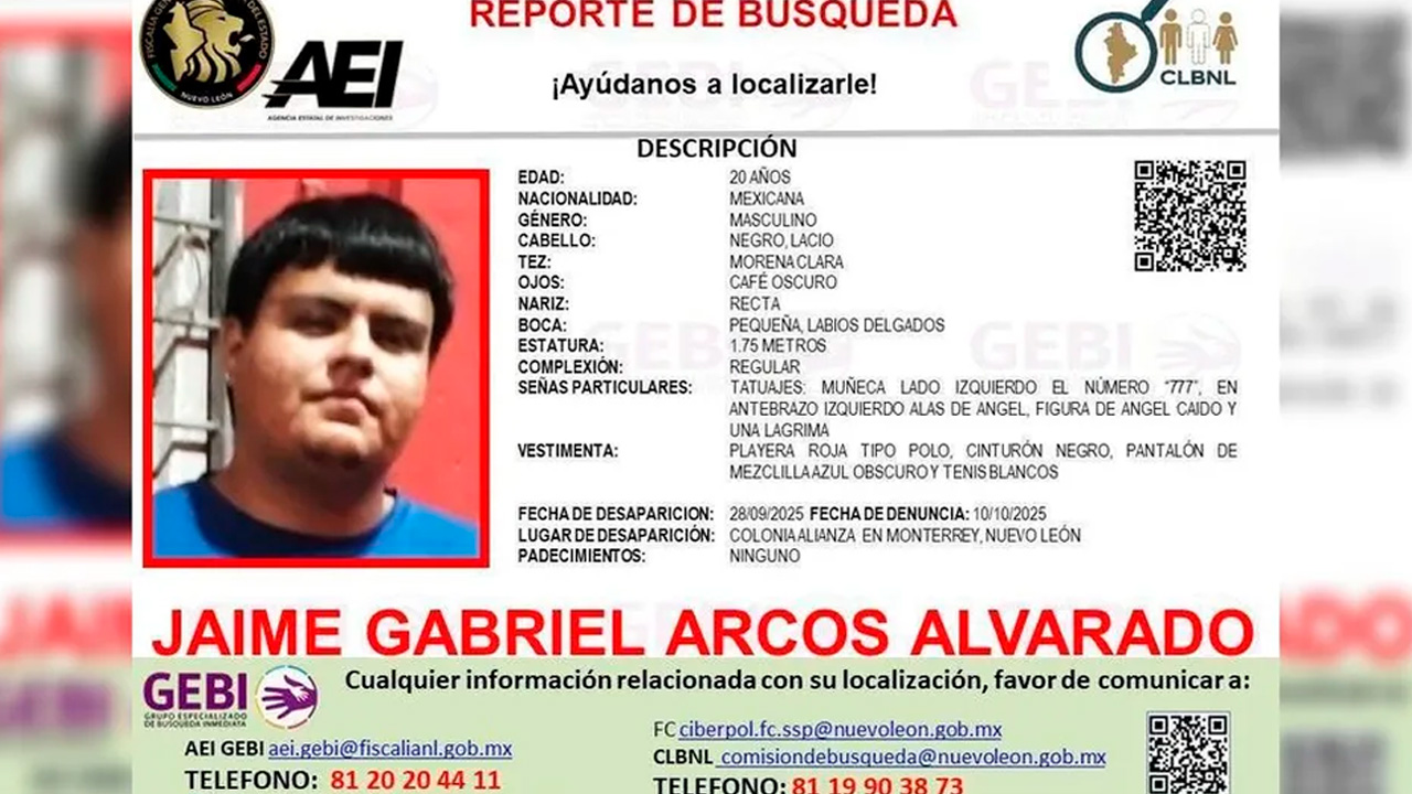 La Agencia Estatal de Investigaciones emitió una ficha de búsqueda para localizar a Jaime Gabriel Arcos Alvarado, de 20 años.