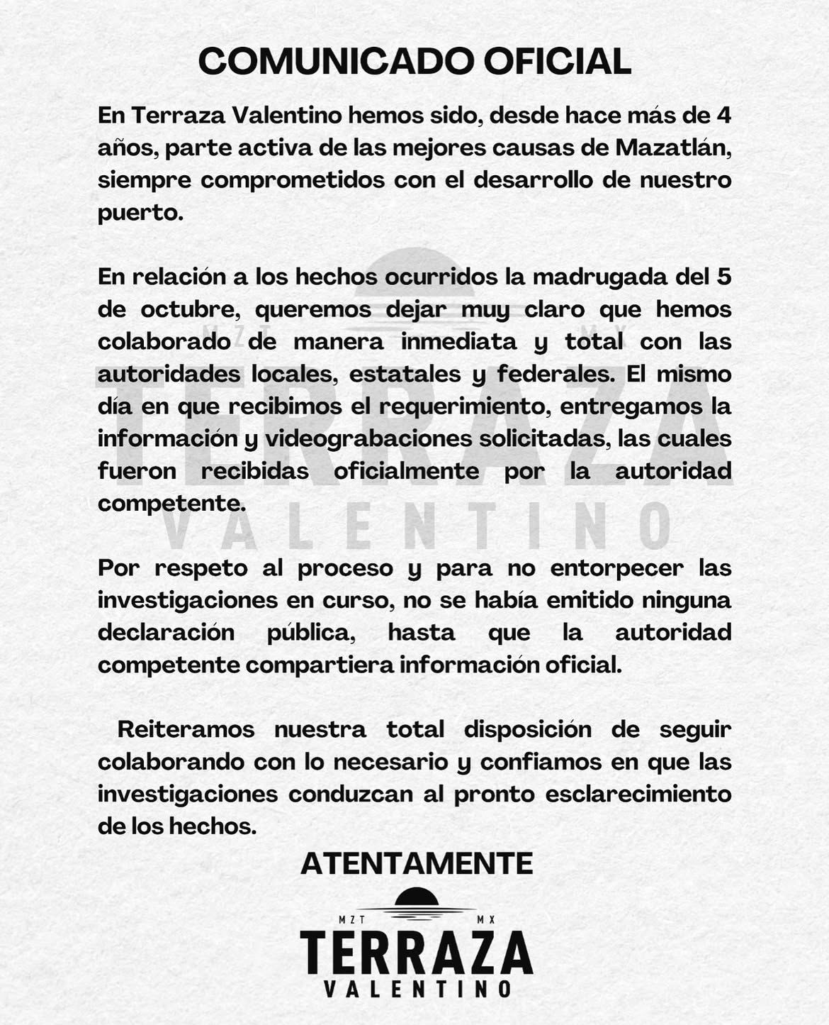 El establecimiento conocido como Terraza Valentino, emitió un comunicado oficial este domingo 12 de octubre tras la desaparición misteriosa de Carlos Emilio.