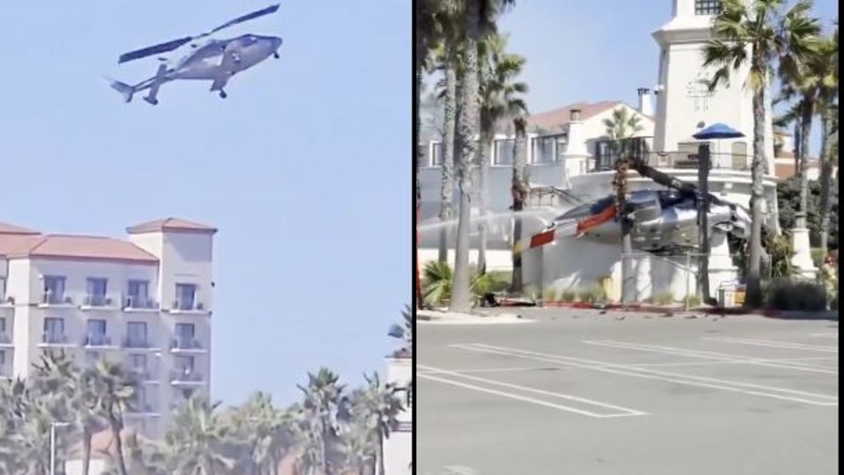 Un helicóptero perdió el control y se estrelló en un área altamente transitada en Huntington Beach, California.