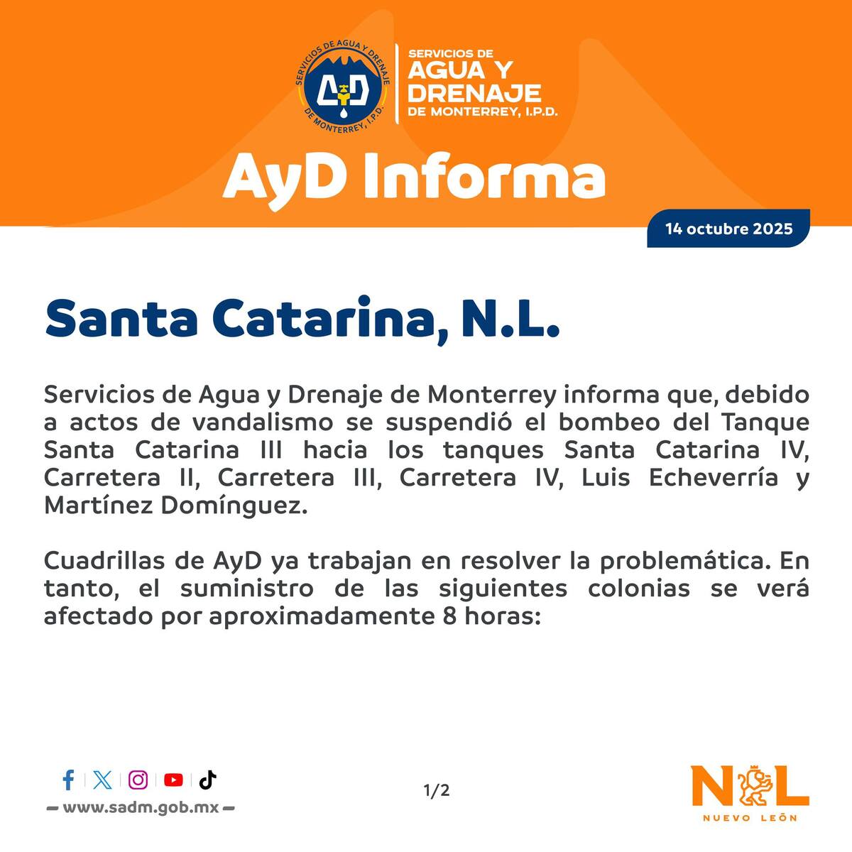 Agua y Drenaje anunció cortes de agua para este martes 14 de octubre.
