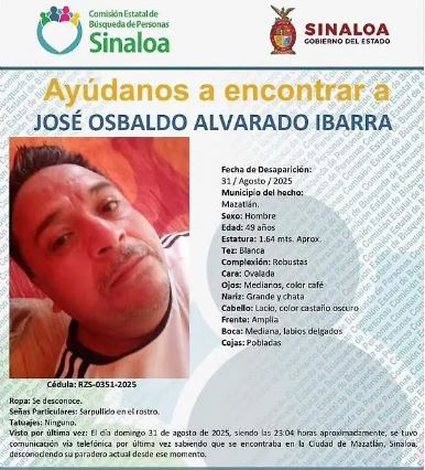 Ficha de búsqueda José Osbaldo Alvarado tiene 49 años, hombre de complexión robusta y tez blanca.