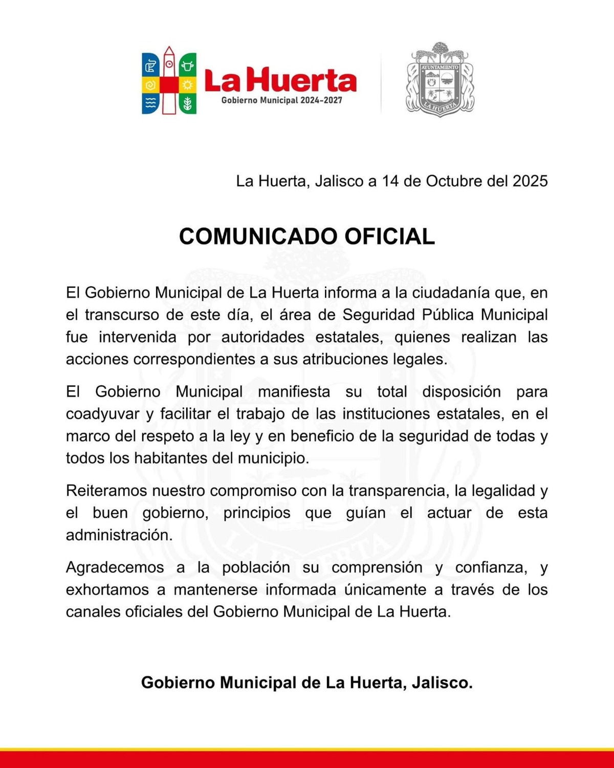 Comunicado gobierno de La Huerta Comunicado gobierno de La Huerta