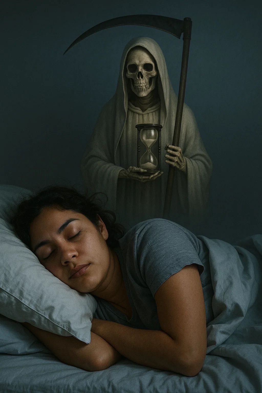 Una persona dormida y preocupada porque está soñando con la Santa Muerte y piensa que es algo malo Una persona dormida y preocupada porque está soñando con la Santa Muerte y piensa que es algo malo