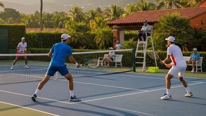 Una pareja de dobles en tenis disputa un partido con juez incluido al atardecer.