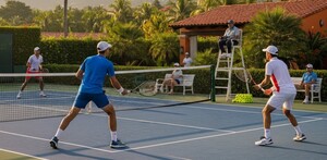 Una pareja de dobles en tenis disputa un partido con juez incluido al atardecer. Una pareja de dobles en tenis disputa un partido con juez incluido al atardecer.