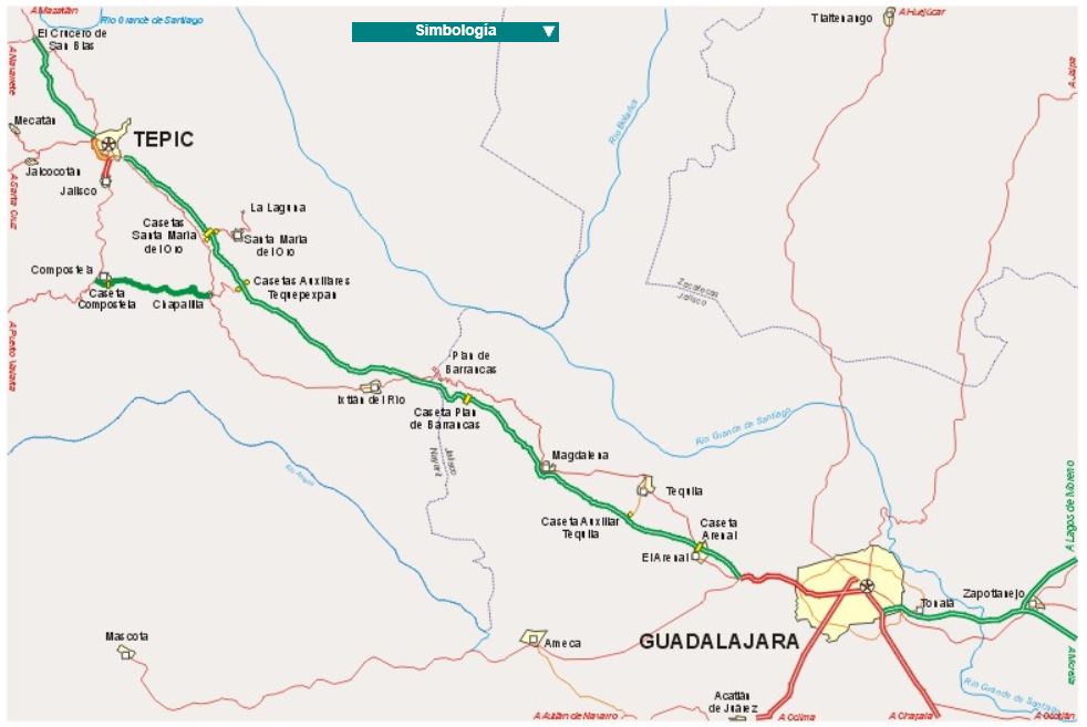 Croquis de la vía de Guadalajara a Tepic en autopista