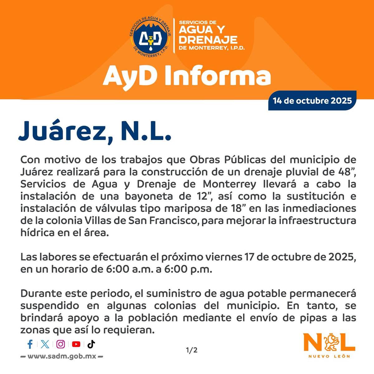Comunicado Agua y Drenaje Monterrey sobre cortes en Juárez