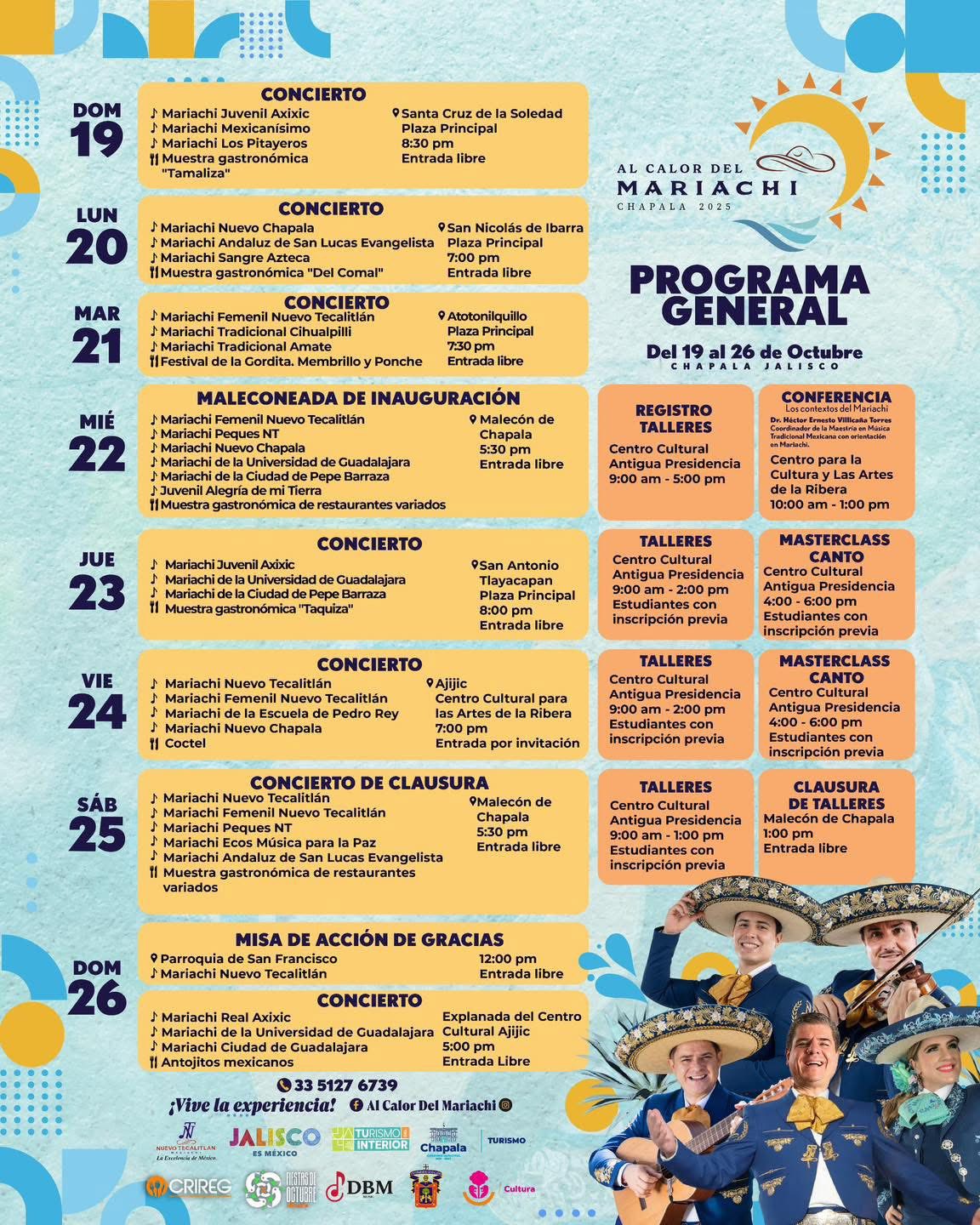 Flyer oficial con todas las actividades programadas para el festival Al Calor del Mariachi 2025 en Chapala Flyer oficial con todas las actividades programadas para el festival Al Calor del Mariachi 2025 en Chapala