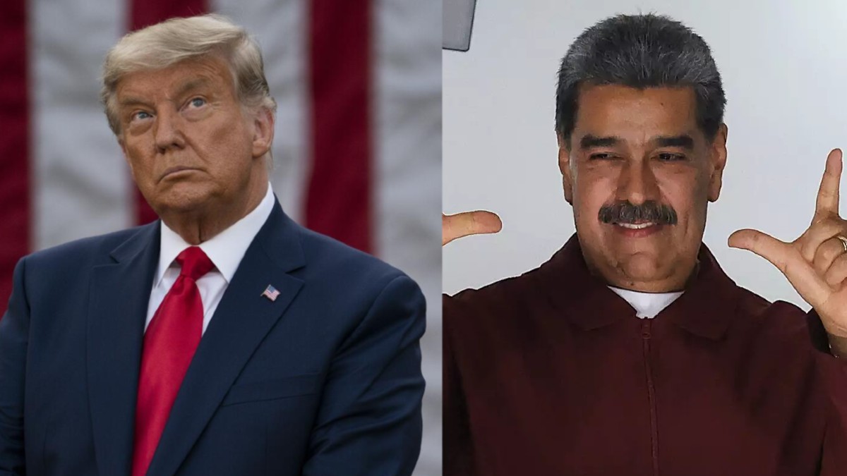 Donald Trump (izquierda) con traje oscuro y corbata roja, mirando hacia arriba; y Nicolás Maduro (derecha) en camisa guinda, sonriendo y señalando con lasmanos Donald Trump (izquierda) con traje oscuro y corbata roja, mirando hacia arriba; y Nicolás Maduro (derecha) en camisa guinda, sonriendo y señalando con lasmanos