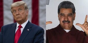 Donald Trump (izquierda) con traje oscuro y corbata roja, mirando hacia arriba; y Nicolás Maduro (derecha) en camisa guinda, sonriendo y señalando con lasmanos