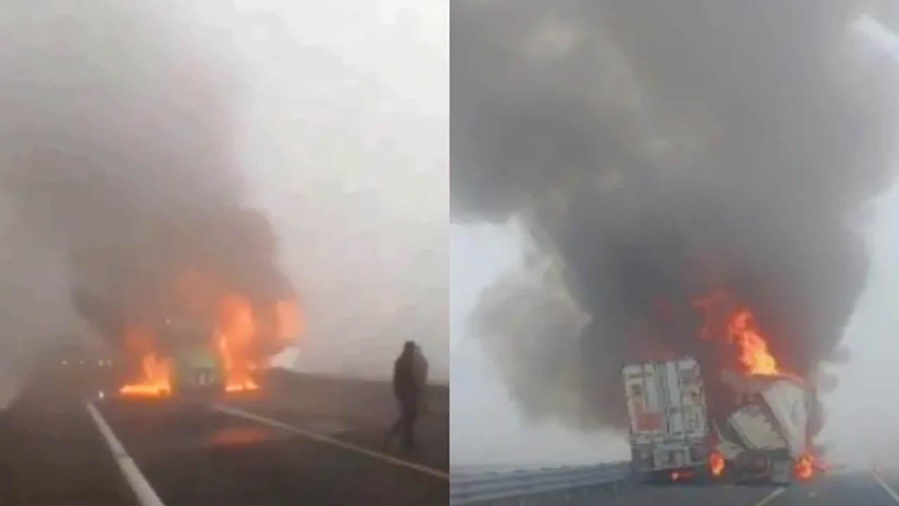 Dos tractocamiones colisionaron por alcance en el km 223 de la autopista Puebla-Orizaba.