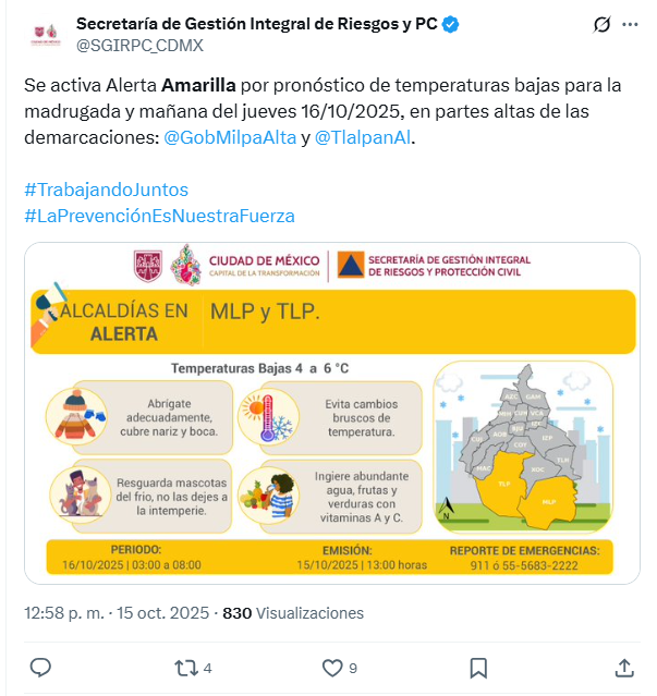 SGIRPC emitió alerta amarilla por bajas temperaturas en Milpa Alta y Tlalpan SGIRPC emitió alerta amarilla por bajas temperaturas en Milpa Alta y Tlalpan