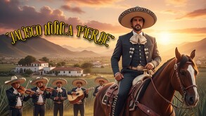Charro con sombrero de ala ancha a caballo, liderando un grupo de mariachis en un campo de agave al atardecer en Jalisco. La frase 