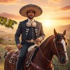 Charro con sombrero de ala ancha a caballo, liderando un grupo de mariachis en un campo de agave al atardecer en Jalisco. La frase Charro con sombrero de ala ancha a caballo, liderando un grupo de mariachis en un campo de agave al atardecer en Jalisco. La frase