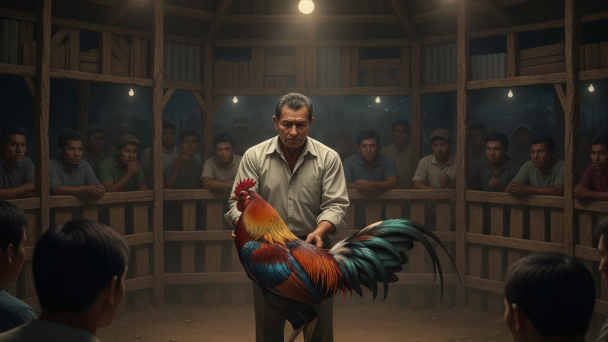 Hombre de camisa clara, en el centro de un ring de gallos, sostiene un gallo de pelea de plumaje vibrante ante una multitud que observa desde las gradas en un a Hombre de camisa clara, en el centro de un ring de gallos, sostiene un gallo de pelea de plumaje vibrante ante una multitud que observa desde las gradas en un a