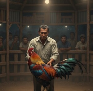 Hombre de camisa clara, en el centro de un ring de gallos, sostiene un gallo de pelea de plumaje vibrante ante una multitud que observa desde las gradas en un a