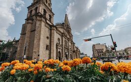 Iglesia de Guadalajara en contrapicada con jardín y flores en clima soleado.
