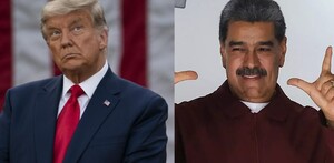 Donald Trump (izquierda) con traje oscuro y corbata roja, mirando hacia arriba; y Nicolás Maduro (derecha) en camisa guinda, sonriendo y señalando con lasmanos Donald Trump (izquierda) con traje oscuro y corbata roja, mirando hacia arriba; y Nicolás Maduro (derecha) en camisa guinda, sonriendo y señalando con lasmanos