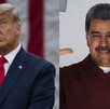 Donald Trump (izquierda) con traje oscuro y corbata roja, mirando hacia arriba; y Nicolás Maduro (derecha) en camisa guinda, sonriendo y señalando con lasmanos