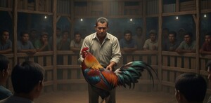 Hombre de camisa clara, en el centro de un ring de gallos, sostiene un gallo de pelea de plumaje vibrante ante una multitud que observa desde las gradas en un a Hombre de camisa clara, en el centro de un ring de gallos, sostiene un gallo de pelea de plumaje vibrante ante una multitud que observa desde las gradas en un a