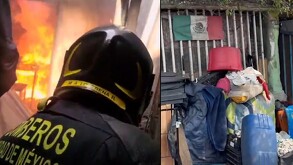 Bomberos sofocando las llamas de una vivienda de la alcaldía Gustavo A. Madero, tras el incendio que hirió a una mujer.