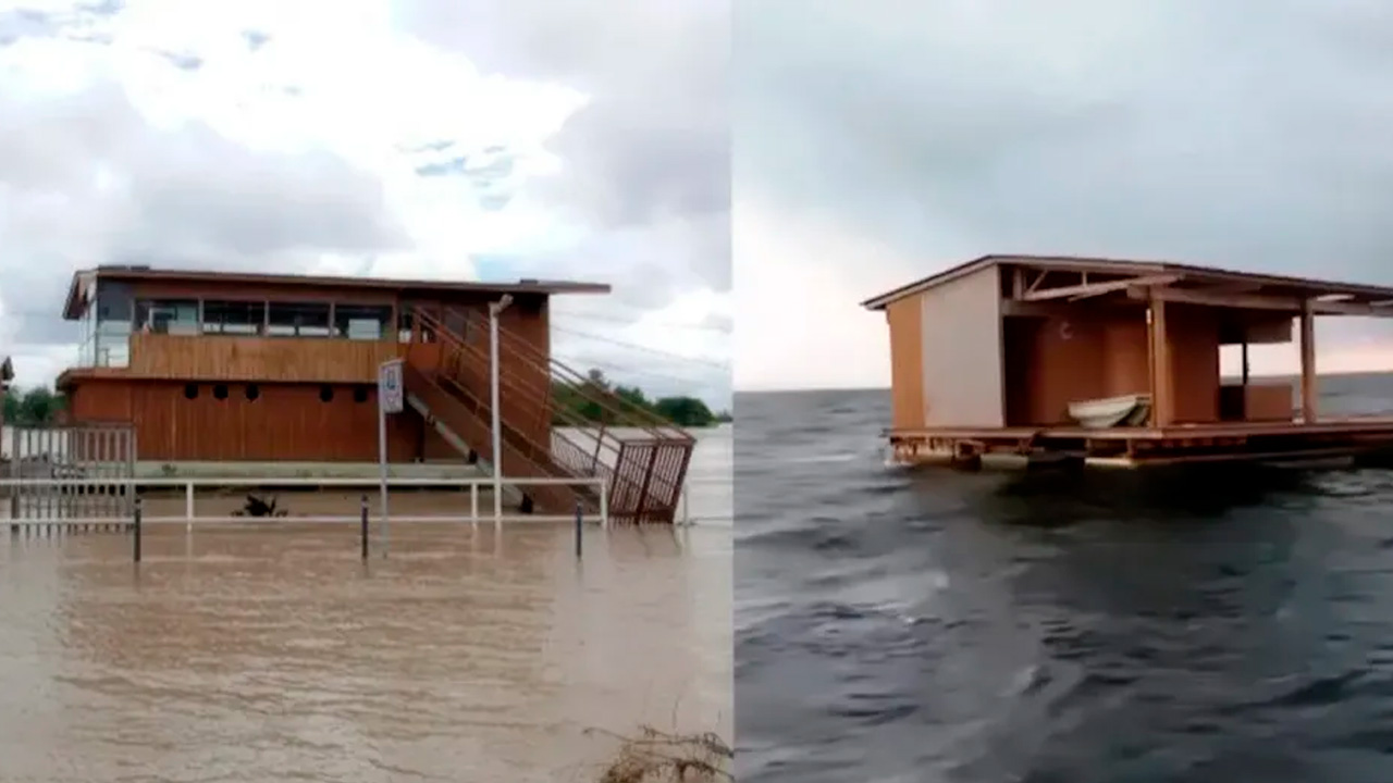 El restaurante flotante “El Atracadero”, arrastrado por las inundaciones del río Tuxpan, fue asegurado por la Marina en Alvarado, Veracruz.
