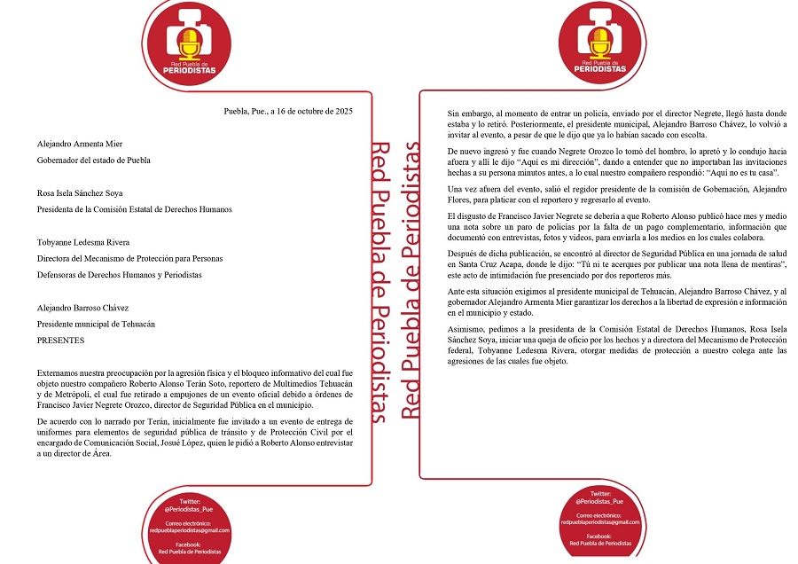 Comunicado de la Red de Periodistas Puebla sobre la agresión a un reporetero de Tehuacán. Comunicado de la Red de Periodistas Puebla sobre la agresión a un reporetero de Tehuacán.