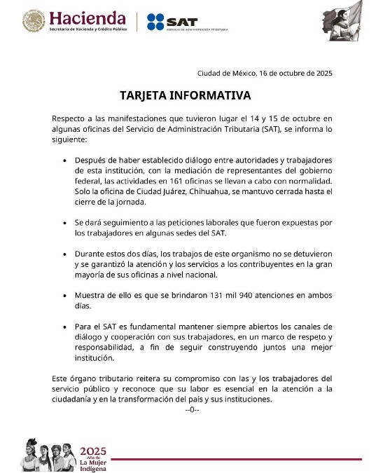 Tarjeta informativa del SAT sobre lo ocurrido durante el Paro Nacional. Tarjeta informativa del SAT sobre lo ocurrido durante el Paro Nacional.