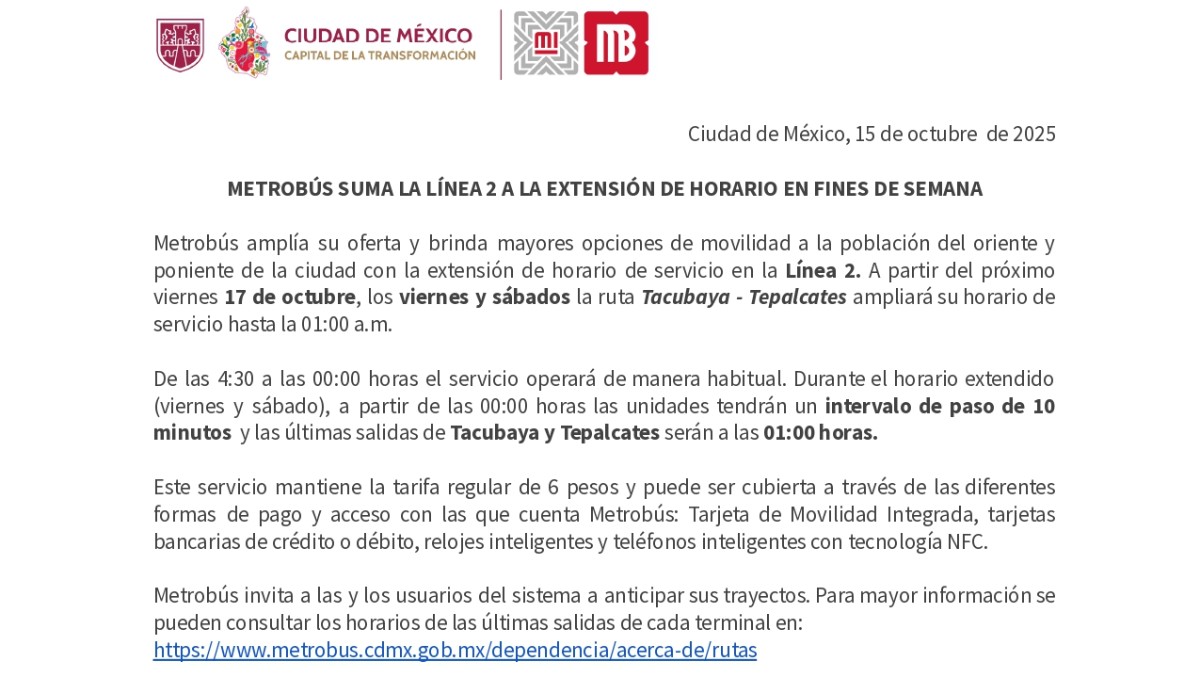 Comunicado del Metrobús sobre la aplicación del horario de la Línea 2 en fin de semana. Comunicado del Metrobús sobre la aplicación del horario de la Línea 2 en fin de semana.