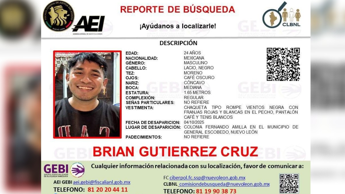 La Fiscalía de Nuevo León emitió una ficha de búsqueda de Brian Gutiérrez Cruz La Fiscalía de Nuevo León emitió una ficha de búsqueda de Brian Gutiérrez Cruz