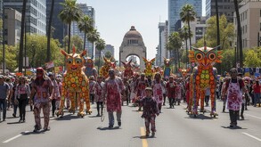 Personas disfrazadas de Zombies y alebrijes monumentales sobre Paseo de la Reforma en Ciudad de México.